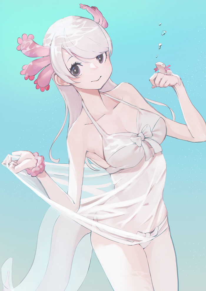 1girl axolotl axolotl_girl axolotl_tail bare_shoulders bikini bow bracelet brown_eyes bubble collarbone cowboy_shot creature_and_personification don3 extra_ears jewelry kemono_friends long_hair looking_at_viewer mexico_salamander_(kemono_friends) personification see-through_clothes sleeveless solo swimsuit underwater white_bikini white_bow white_hair