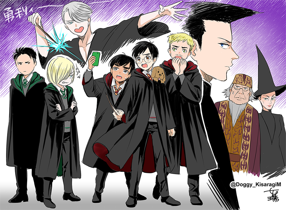 1girl 6+boys albus_dumbledore albus_dumbledore_(cosplay) animal animal_on_shoulder beard black_hair blonde_hair blue_eyes brown_eyes cellphone christophe_giacometti cosplay crossed_arms dog facial_hair georgi_popovich glasses green_eyes grey_eyes hair_over_one_eye harry_potter_(series) hat hogwarts_school_uniform katsuki_yuuri kisaragi_mizu lilia_baranovskaya minerva_mcgonagall minerva_mcgonagall_(cosplay) multiple_boys necktie open_mouth otabek_altin phichit_chulanont phone school_uniform silver_hair smartphone smile sweater_vest twitter_username vicchan viktor_nikiforov voldemort voldemort_(cosplay) wand witch_hat wizarding_world yakov_feltsman yuri!!!_on_ice yuri_plisetsky