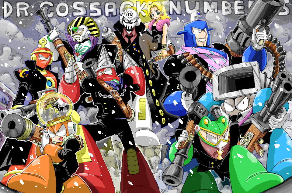 1girl 6+boys aiming aiming_at_viewer ammunition_belt ancient_egyptian android arm_around_waist bandages blonde_hair blue_eyes bracelet bright_man buckle bullet capcom carrying chain cloud cloudy_sky crescent dive_man dress drill drill_man dual_wielding dust_man earrings everyone fighting_stance formal_clothes gatling_gun grin gun harvest88 helmet high_collar high_heels holding jacket jewelry kalinka_cossack_(mega_man) kneeling light_bulb long_hair looking_afar m1_bazooka mask mega_man_(classic) mega_man_(series) mega_man_4 multiple_boys necktie one_piece one_piece:_strong_world open_clothes open_jacket outdoors outline pantyhose parody pharaoh_man rifle ring_man robot rocket_launcher shirt shoes shoulder_carry sitting skull_man sky smile snow striped suit toad_man vacuum_cleaner weapon
