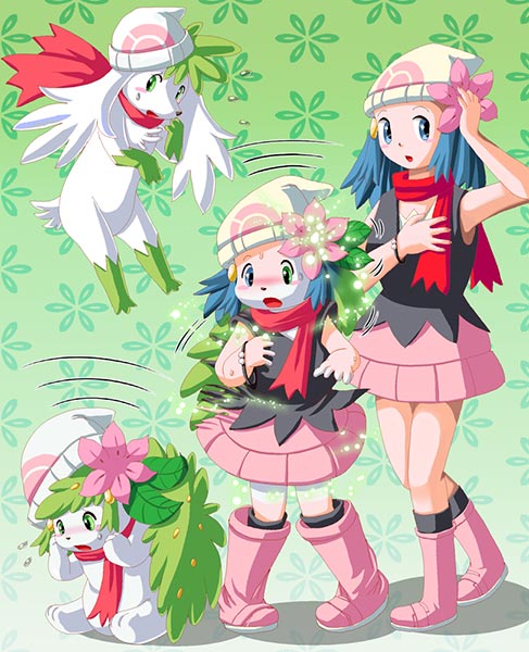 blue_eyes blue_hair blush dawn_(pokemon) edmol embarrassed gen_4_pokemon green_eyes hat legendary_pokemon mythical_pokemon nintendo pink_skirt pokemon pokemon_(creature) scarf shaymin skirt transformation