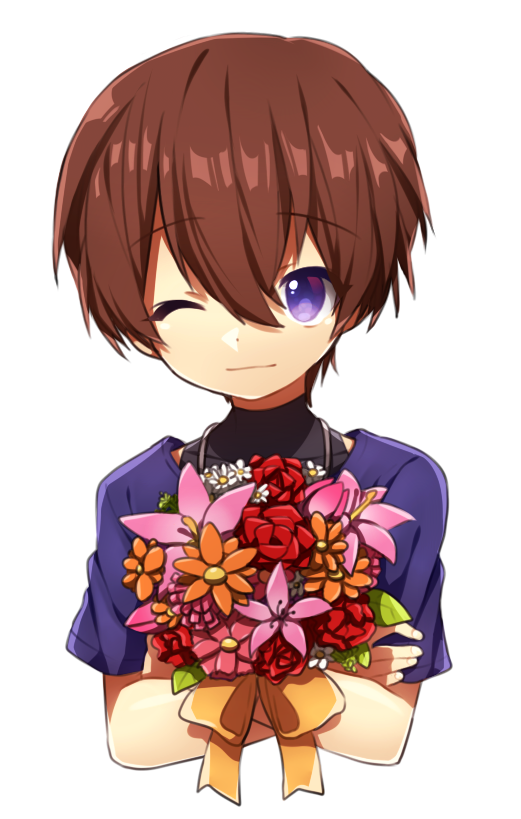 1boy blue_eyes blue_shirt brown_hair chris_(kof) coojisan crossed_arms flower holding holding_flower jewelry looking_at_viewer necklace one_eye_closed ribbon shirt smile snk the_king_of_fighters