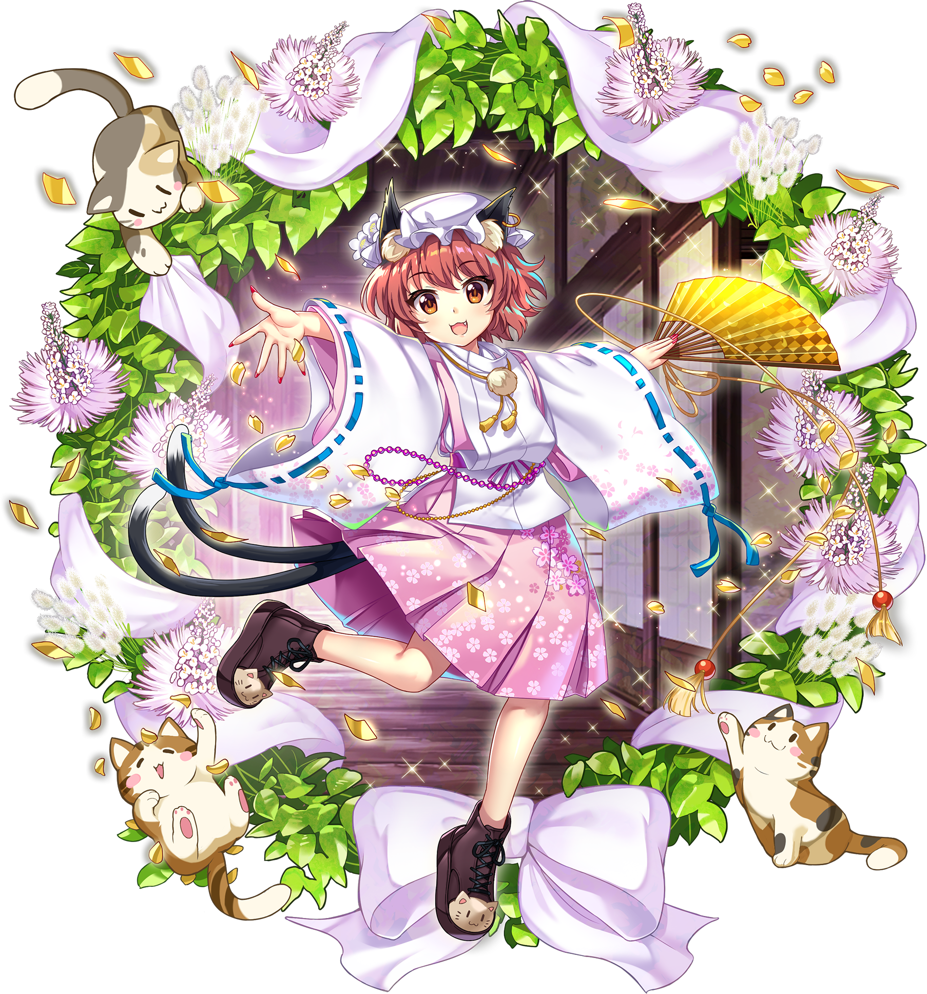 1girl alternate_costume alternate_headwear_color animal_ear_fluff animal_ear_piercing animal_ears animal_print boots brown_boots brown_eyes brown_hair cat cat_ears cat_girl cat_print cat_tail chen chen_(stretching_white_cat) earrings falling_petals fang floral_print flower flower_request folding_fan full_body game_cg hand_fan hat highres holding holding_fan hoop_earrings japanese_clothes jewelry kariginu leaf leg_up long_sleeves looking_at_viewer multiple_tails nekomata official_art open_mouth petals pink_skirt pom_pom_(clothes) print_boots red_nails ribbon-trimmed_sleeves ribbon_trim rotte_(1109) short_hair shouji single_earring skirt sliding_doors smile solo sparkle tail tassel third-party_source touhou touhou_lostword transparent_background two_tails white_hat wide_sleeves yellow_petals