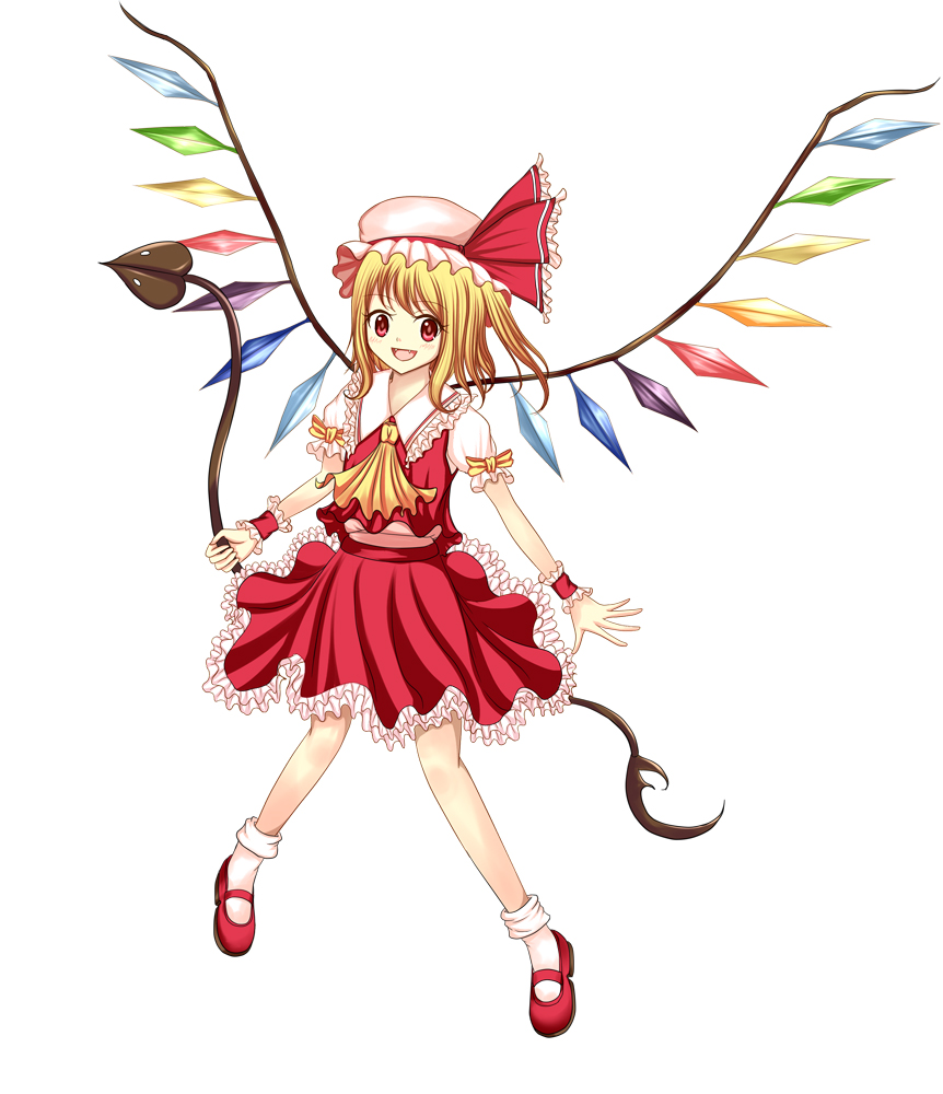 1girl ascot blonde_hair blush crystal fang female_focus flandre_scarlet frills hat hat_ribbon laevatein open_mouth puffy_sleeves red_eyes ribbon short_hair short_sleeves solo tomo_(uguisu-tei) touhou weapon white_background wings wrist_cuffs