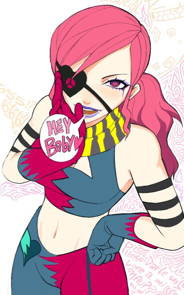 bare_shoulders breasts cleavage_cutout clothing_cutout cortaunatijera cowboy_shot crop_top english_text eyepatch eyeshadow gloves hand_on_own_hip hand_to_own_mouth hand_up heart heart-shaped_pupils jet_set_radio lipstick long_hair looking_at_viewer love_shockers makeup navel open_mouth pink_hair purple_eyeshadow purple_lips scarf sleeveless smile speech_bubble striped_clothes striped_scarf symbol-shaped_pupils yellow_scarf