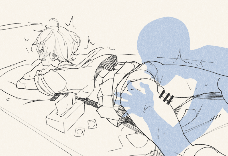 1boy bed censored condom crossdressing crossdressing_(mtf) high_speed! kirishima_ikuya lying male_focus megumi-square monochrome panties pillow school_uniform serafuku short_hair simple_background skirt tissue underwear