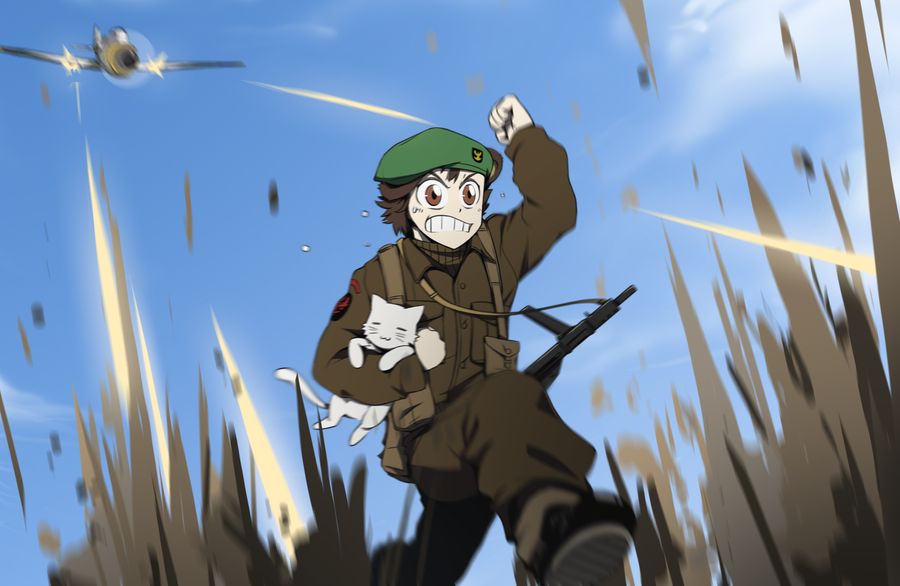 aircraft airplane ammunition_pouch beret brown_hair carrying carrying_under_arm cat collared_jacket dirt firing fleeing gun hat jacket military military_fatigues military_jacket military_uniform military_vehicle motion_blur mrxinom original pants pants_tucked_in pouch propeller_fighter running sky soldier sten_gun submachine_gun turtleneck weapon