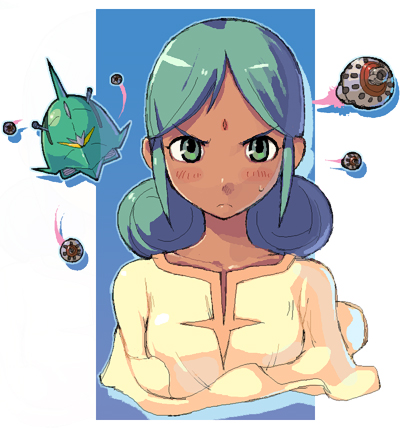 1girl dark-skinned_female dark_skin elmeth female_focus green_eyes green_hair gundam lalah_sune lowres matching_hair/eyes mecha miaoye mobile_suit_gundam robot solo upper_body