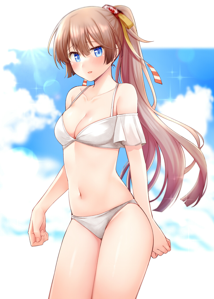 1girl bare_arms bare_legs bare_shoulders bikini blue_eyes blush breasts brown_hair cleavage collarbone cowboy_shot hair_between_eyes hair_ribbon kantai_collection kazagumo_(kancolle) kazagumo_kai_ni_(kancolle) kazagumo_kai_ni_(swimsuit)_(kancolle) long_hair looking_at_viewer navel open_mouth orange_ribbon revision ribbon rui_shi_(rayze_ray) small_breasts solo swimsuit white_bikini