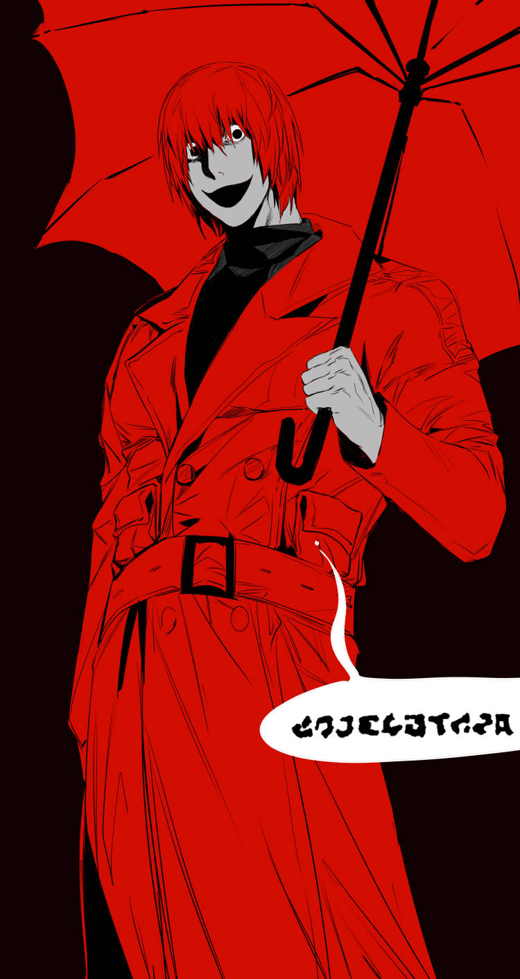 1boy belt black_eyes black_mouth black_shirt coat cowboy_shot grin hashtag-only_commentary highres holding holding_umbrella homicipher homicipher_text looking_at_viewer male_focus mr._scarletella pocket red_background red_belt red_coat red_hair red_theme red_umbrella shirt short_hair simple_background smile solo toastskii umbrella