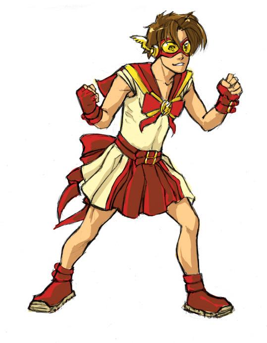 1boy belt boots brooch brown_hair clenched_hands collarbone crossdressing crossdressing_(mtf) dc_comics fighting_stance fingerless_gloves full_body gloves goggles jewelry kid_flash magical_boy male_focus red_gloves red_skirt shirt simple_background skirt sleeveless sleeveless_shirt solo standing white_background
