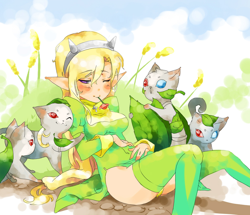 1girl alternate_color blonde_hair blush breasts closed_mouth commentary cone_horns dress english_commentary fake_horns feet_out_of_frame green_dress green_thighhighs grey_cat grey_horns half-closed_eye heterochromia horns juliet_sleeves leaf leaf_cat lillkun long_hair long_sleeves medium_breasts one_eye_closed pointy_ears priest_(ragnarok_online) puffy_sleeves purple_eyes ragnarok_online side_slit sitting smile solo thighhighs