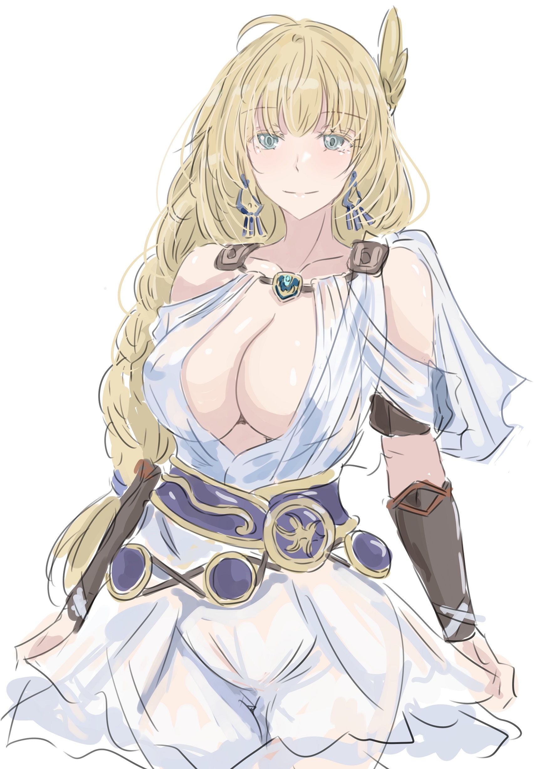1girl absurdres blonde_hair blue_eyes breasts cleavage collarbone earrings highres jewelry large_breasts long_hair namco skirt solo sophitia_alexandra soul_calibur soulcalibur soulcalibur_iv