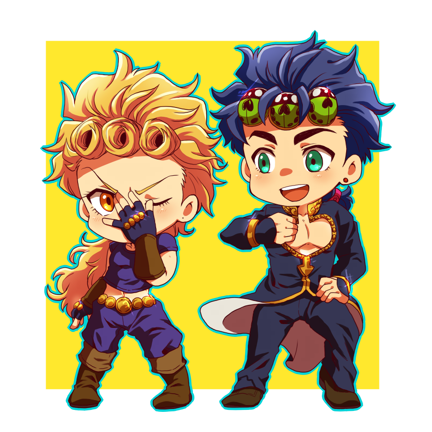 2boys bad_id bad_pixiv_id blonde_hair blue_hair boots brown_footwear bug chibi cosplay costume_switch earrings father_and_son fingerless_gloves giorno_giovanna giorno_giovanna&#039;s_pose_(jojo) giorno_giovanna_(cosplay) gloves green_eyes hair_ornament hairclip insect jewelry jojo_no_kimyou_na_bouken jojo_pose jonathan_joestar jonathan_joestar&#039;s_pose_(jojo) jonathan_joestar_(cosplay) koma_saburou ladybug long_hair male_focus multiple_boys open_mouth outline round_teeth smile teeth vento_aureo yellow_eyes