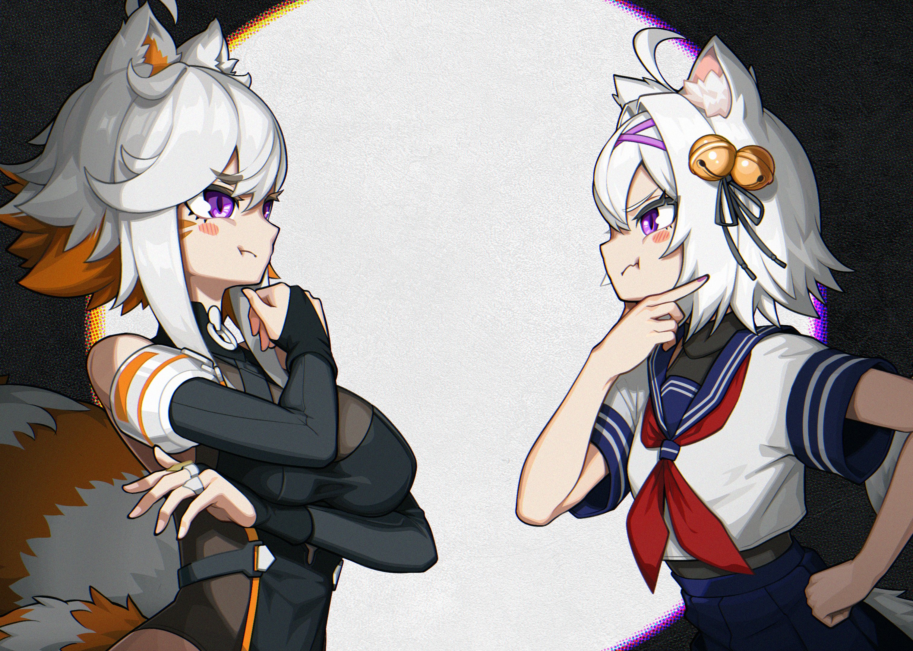 2girls :t ahoge animal_ear_fluff animal_ears bell blush breasts bridal_gauntlets cat_ears cat_girl closed_mouth color_connection colored_tips demenishki detached_sleeves facial_mark filian_(vtuber) haedgie hair_bell hair_color_connection hair_ornament hairstyle_connection highres indie_virtual_youtuber large_breasts leotard look-alike multicolored_hair multiple_girls orange_hair pout purple_eyes red_panda_ears red_panda_girl red_panda_tail school_uniform see-through_clothes shirt short_hair skirt trait_connection virtual_youtuber white_hair
