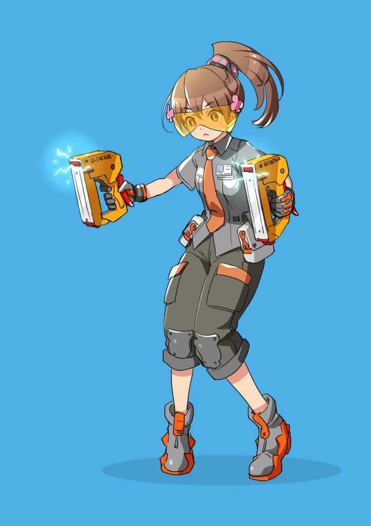 1girl :&lt; blue_background brown_hair club_hair_ornament dual_wielding electricity fujisawa_takashi full_body goggles holding necktie original simple_background solo stapler tiptoes