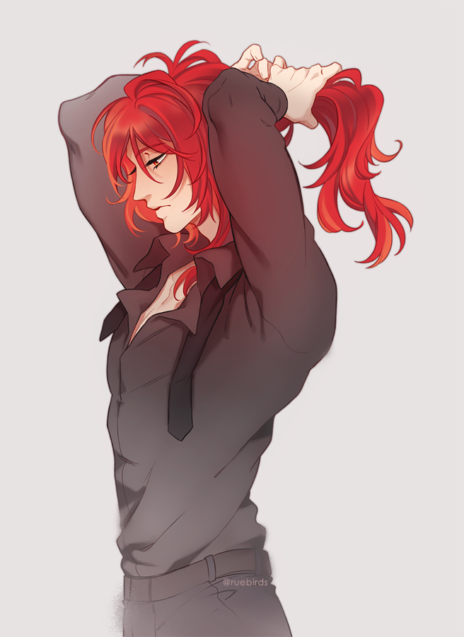 1boy arms_up belt black_belt black_necktie black_pants closed_mouth collared_shirt commentary cowboy_shot diluc_(genshin_impact) english_commentary genshin_impact grey_background grey_shirt long_hair long_sleeves looking_down male_focus necktie open_collar pants profile red_eyes red_hair ruebird shirt shirt_tucked_in simple_background solo twitter_username tying_hair undone_necktie
