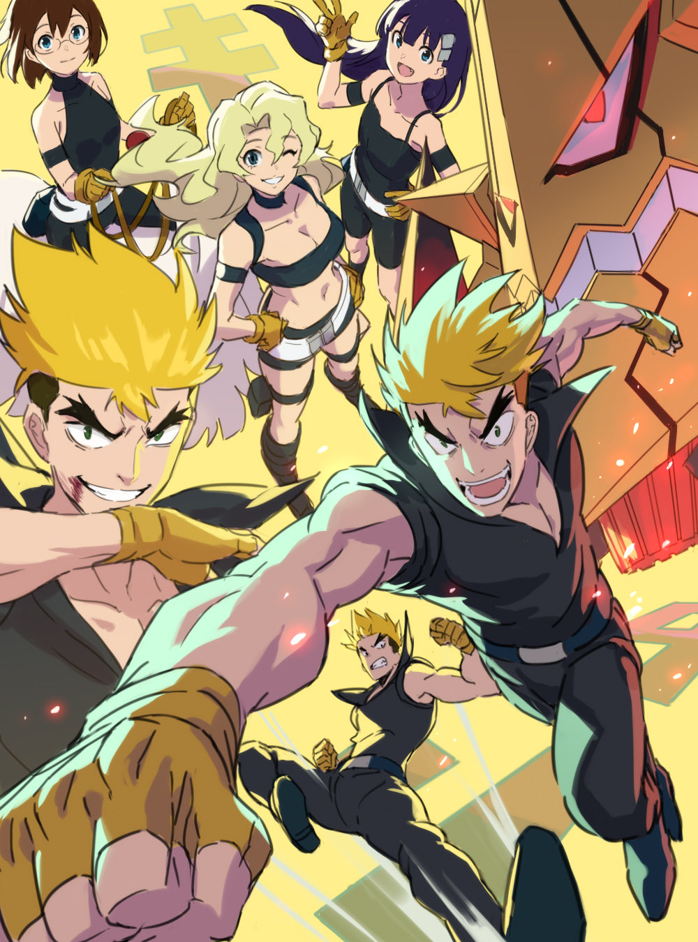1boy 3girls blonde_hair blue_eyes blue_hair breasts brown_hair cleavage closed_mouth fang fingerless_gloves glasses gloves hair_ornament highres kinon_bachika kittan_bachika kiyal_bachika kiyoh_bachika long_hair looking_at_viewer male_focus misossu multiple_girls one_eye_closed open_mouth red_hair smile tengen_toppa_gurren_lagann v