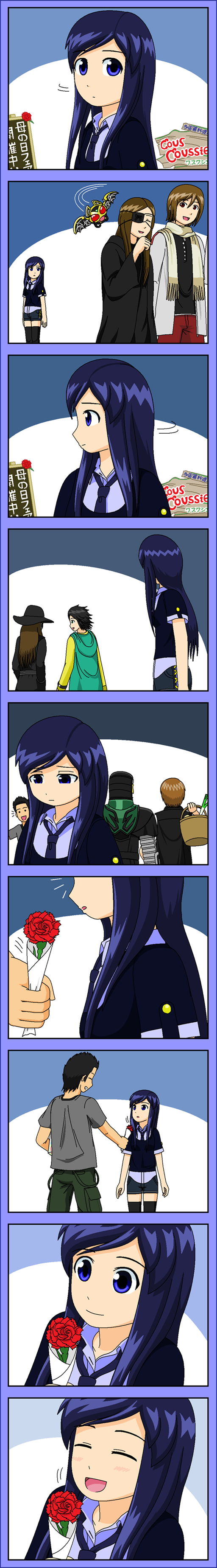 ^_^ absurdres basket black_hair black_legwear blue_eyes blue_hair brown_hair carnation closed_eyes comic deneb deneb_rove dress_shirt eyepatch flower gamel grin hat highres kamen_rider kamen_rider_den-o_(series) kamen_rider_kiva_(series) kamen_rider_ooo_(series) kamen_rider_w kivat-bat_iii kurenai_wataru long_hair long_image maya_(kamen_rider_kiva) mezul mother&#039;s_day mother_and_son multiple_boys multiple_girls necktie open_mouth philip philip_(kamen_rider) red_carnation red_eyes red_flower redol robe sakurai_yuuto_(kamen_rider_den-o) scarf shirt short_shorts shorts shroud silent_comic smile spoilers spring_onion tall_image thighhighs