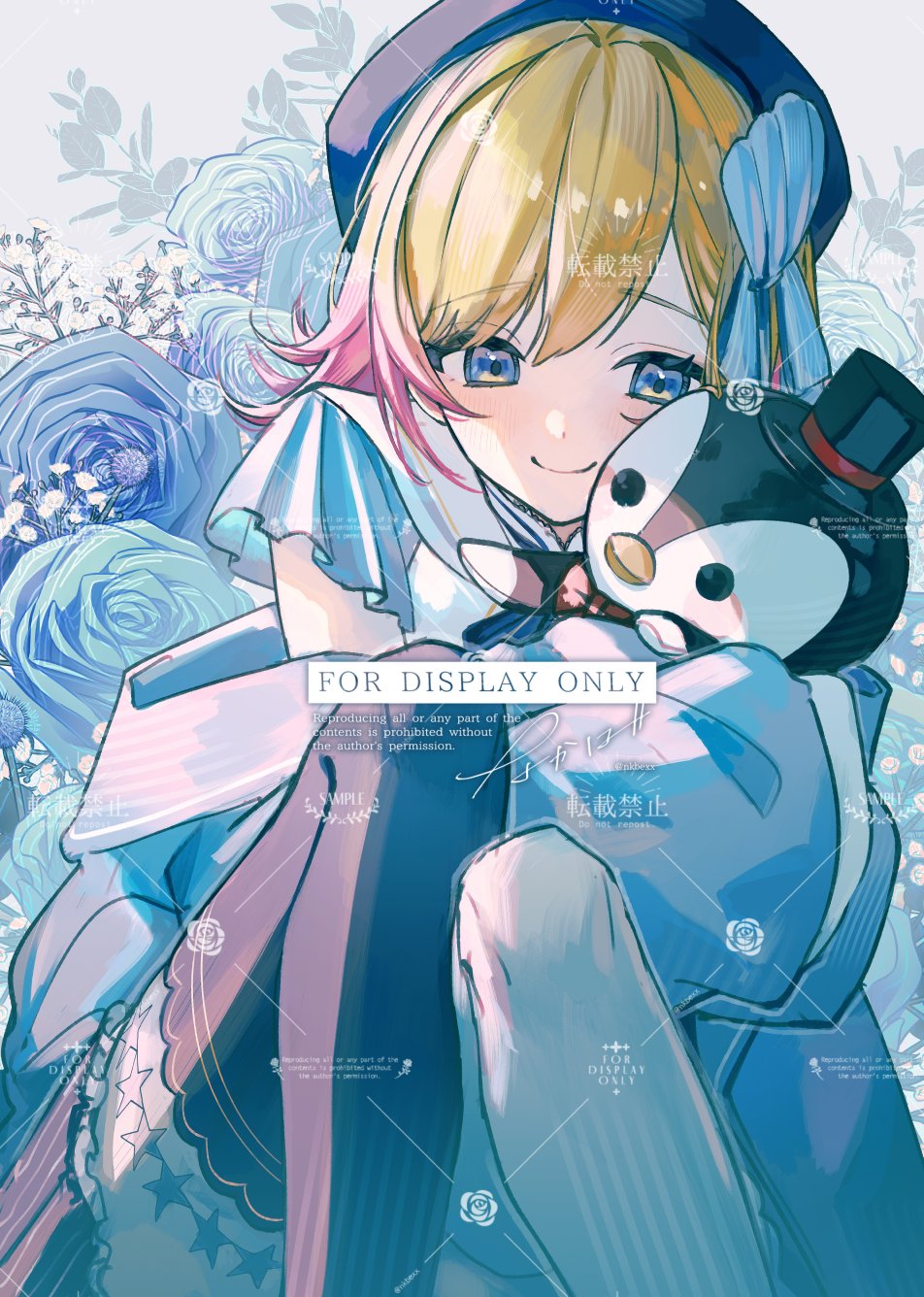 1girl aiceclass asymmetrical_legwear beret bird black_thighhighs blonde_hair blue_eyes blue_flower blue_hat blue_rose commission flower gradient_hair hanon_(aiceclass) hat highres multicolored_hair nakaba_(mode) penguin pink_hair rose skeb_commission smile solo thighhighs virtual_youtuber white_thighhighs