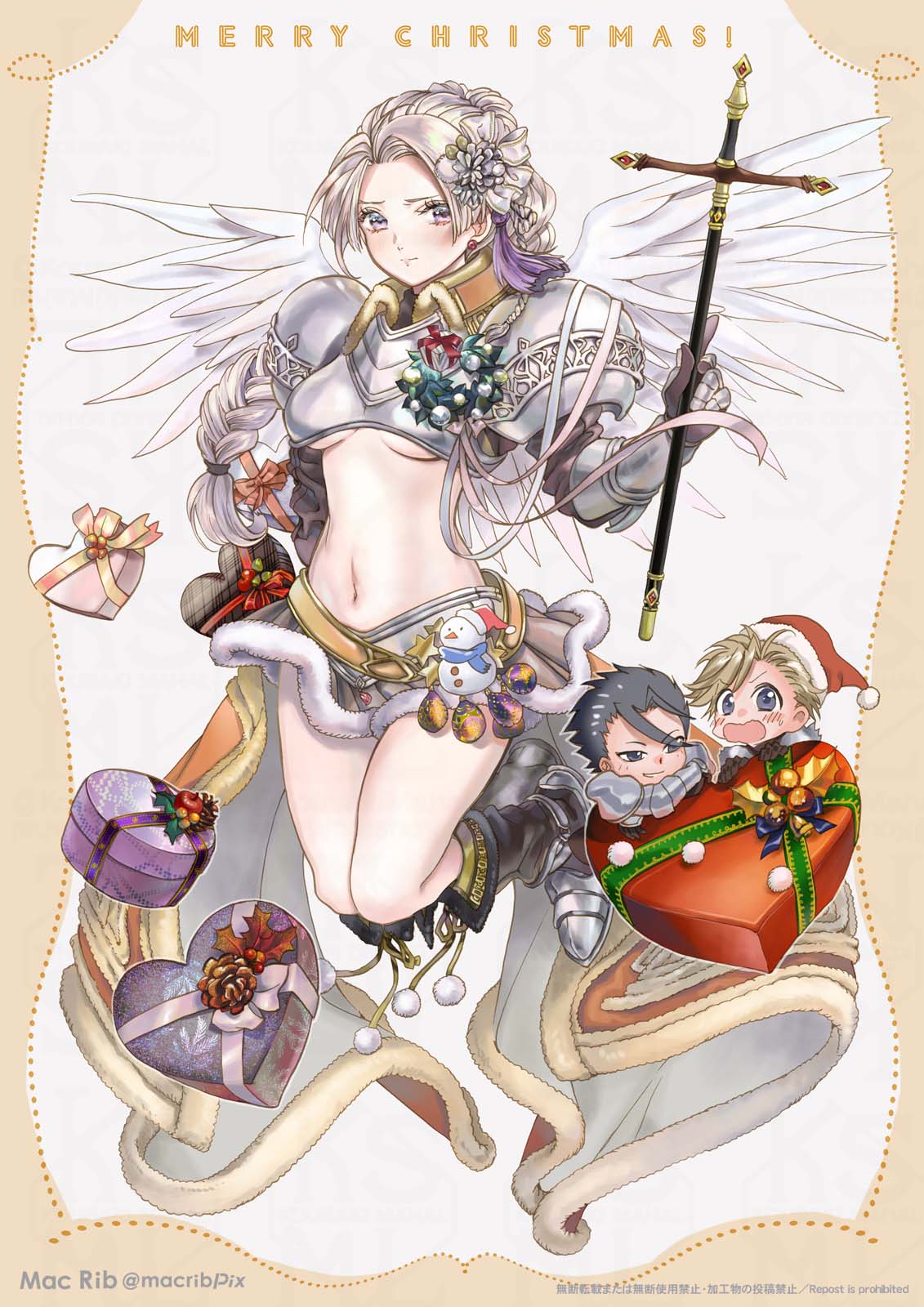1girl 2boys armor box breasts chris_lightfellow closed_mouth earrings gensou_suikoden gensou_suikoden_iii gloves highres jewelry long_hair looking_at_viewer multiple_boys navel open_mouth percival_fraulein silver_hair smile weapon wings