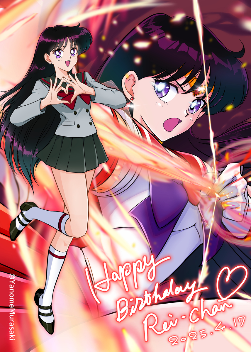 1girl bishoujo_senshi_sailor_moon black_hair bow bow_(weapon) choker circlet dj_jdite earrings elbow_gloves gloves highres hino_rei jewelry long_hair magical_girl pleated_skirt purple_eyes red_bow red_sailor_collar red_skirt sailor_collar sailor_mars sailor_senshi_uniform school_uniform skirt smile socks solo ta_girls_school_uniform weapon white_gloves white_socks