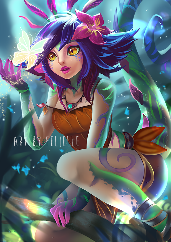 1girl artist_name blue_hair blue_skin breasts bug butterfly colored_skin commentary english_commentary felielle flipped_hair flower green_skin hair_between_eyes hair_flower hair_ornament hand_up insect jewelry league_of_legends leg_up light_blue_hair lips lizard_tail long_hair looking_at_animal medium_breasts multicolored_hair multicolored_skin neeko_(league_of_legends) nose pendant pink_flower pink_hair pink_skin reptile_girl solo strap_slip tail teeth upper_teeth_only yellow_eyes