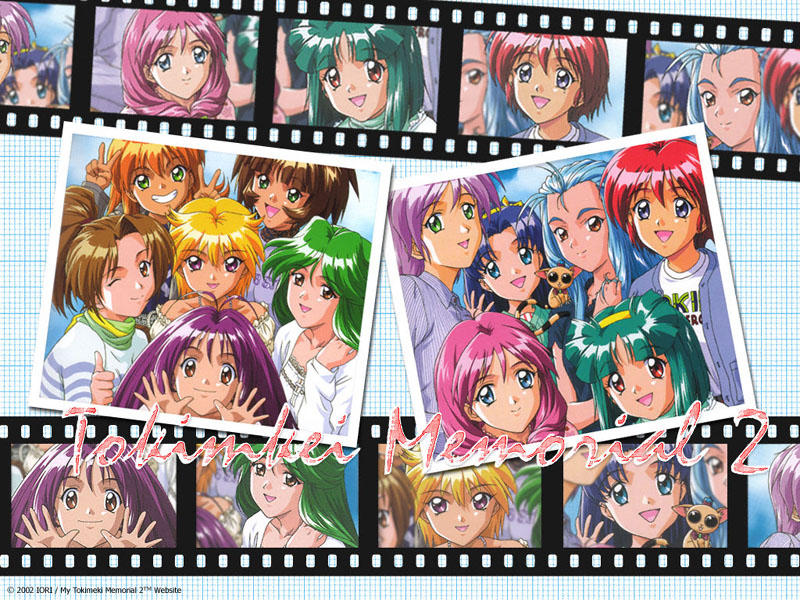 2002 6+girls :d akai_homura animal animal_on_shoulder antenna_hair asou_kasumi bare_shoulders blonde_hair blue_eyes blue_hair blue_jacket brown_eyes brown_hair brown_scarf closed_mouth collarbone collared_shirt copyright_name dark-skinned_female dark_skin double_v drill_hair everyone film_strip green_eyes green_hair green_scarf grin hair_between_eyes hair_ribbon hair_slicked_back hand_on_own_shoulder hand_up hands_up high_ponytail hinomoto_hikari ichimonji_akane ijuuin_mei jacket kotobuki_miyuki kudanshita_maeka long_hair long_sleeves looking_at_viewer minazuki_kotoko mole mole_under_eye multiple_girls nozaki_sumire official_art one_eye_closed open_mouth orange_eyes orange_hair outstretched_hand parted_bangs photo_(object) pink_hair ponytail purple_eyes purple_hair red_hair ribbon sakura_kaedeko scarf school_uniform shirayuki_miho shirt short_hair smile striped_clothes striped_shirt t-shirt thumbs_up tokimeki_memorial tokimeki_memorial_2 v white_shirt yae_kaori yellow_ribbon