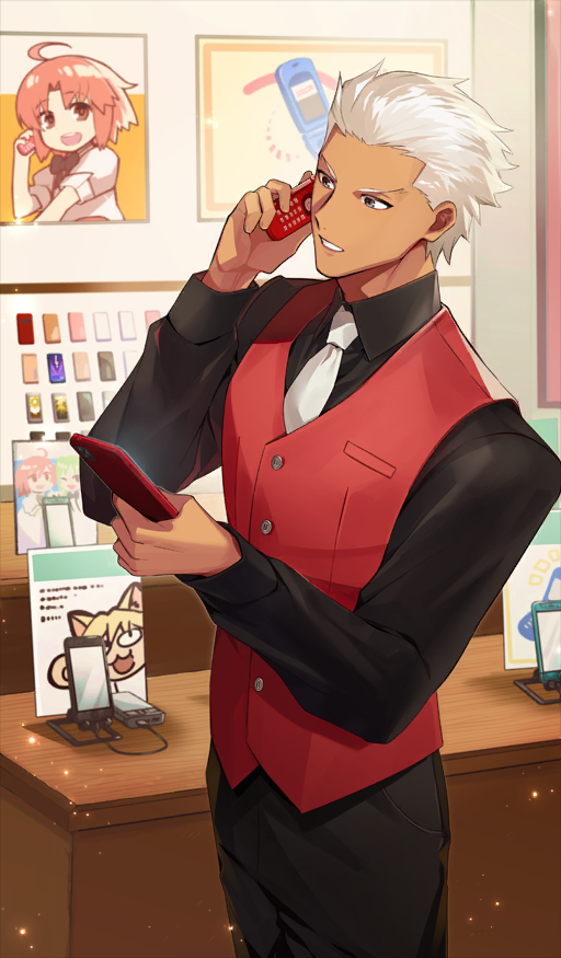 1boy archer_(fate) archer_(mister_red_gadget)_(fate) black_pants black_shirt buttons cellphone collared_shirt commentary_request cowboy_shot dark-skinned_male dark_skin fate/grand_order fate_(series) flip_phone grey_eyes hair_slicked_back hibino_hibiki holding holding_phone indoors katsuragi_chikagi keitai-san light_particles long_sleeves mahou_tsukai_no_hako male_focus necktie neco-arc odoru_dragon_castle! official_art pants phone red_vest shirt short_hair smartphone solo standing talking_on_phone third-party_source v-shaped_eyebrows vest waistcoat white_hair white_necktie wing_collar