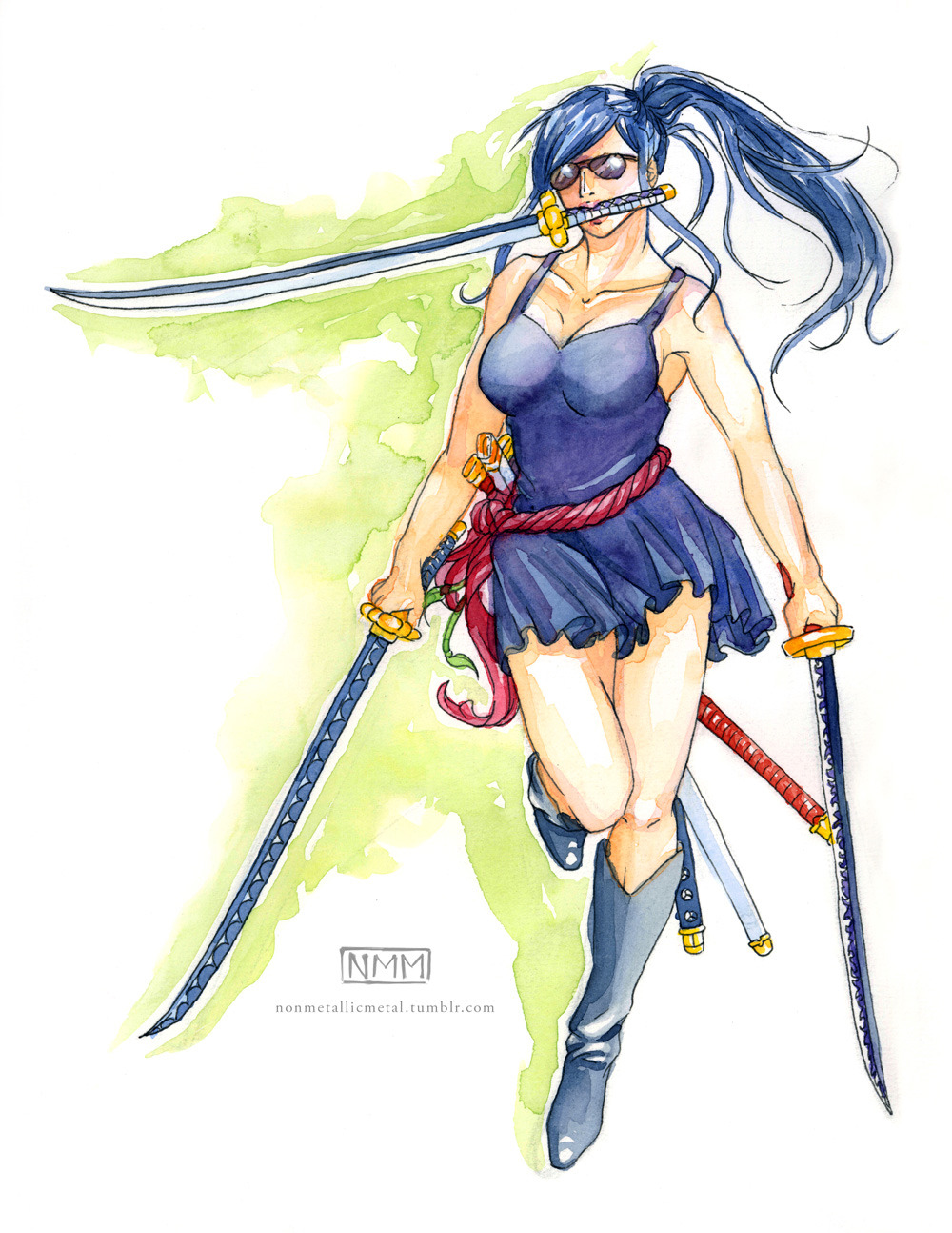 1girl blue_hair boots commentary cosplay dress english_commentary highres holding holding_sword holding_weapon nico_robin nonmetallicmetal one_piece ponytail roronoa_zoro roronoa_zoro_(cosplay) short_dress sidelocks simple_background sunglasses sword walking weapon