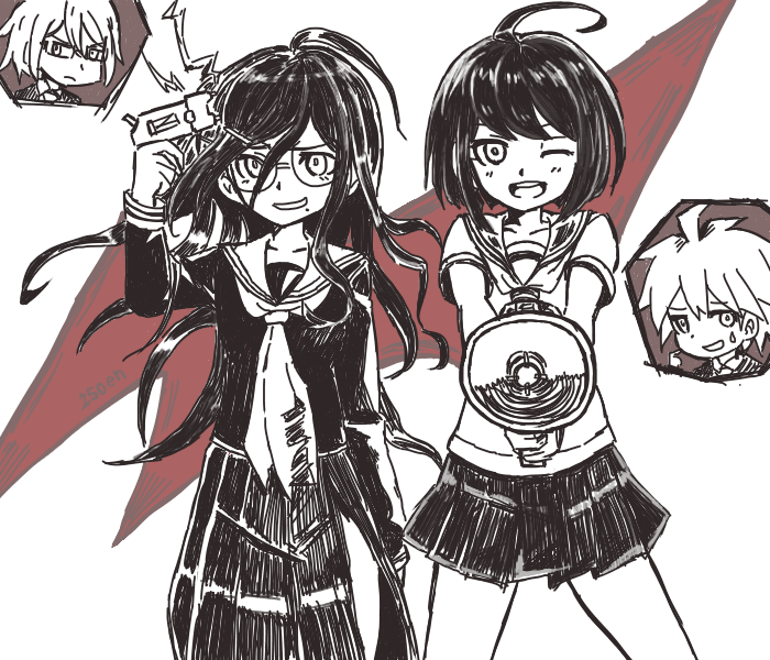 250en_remon 2boys 2girls ;d ahoge closed_mouth commentary_request danganronpa_(series) danganronpa_another_episode:_ultra_despair_girls fukawa_toko glasses holding holding_megaphone holding_weapon long_hair long_skirt long_sleeves megaphone mole mole_under_mouth monochrome multiple_boys multiple_girls naegi_komaru naegi_makoto neckerchief one_eye_closed open_mouth sailor_collar school_uniform serafuku shirt short_hair short_sleeves skirt smile standing stun_gun sweatdrop teeth togami_byakuya torn_clothes torn_neckerchief torn_skirt upper_teeth_only weapon white_background