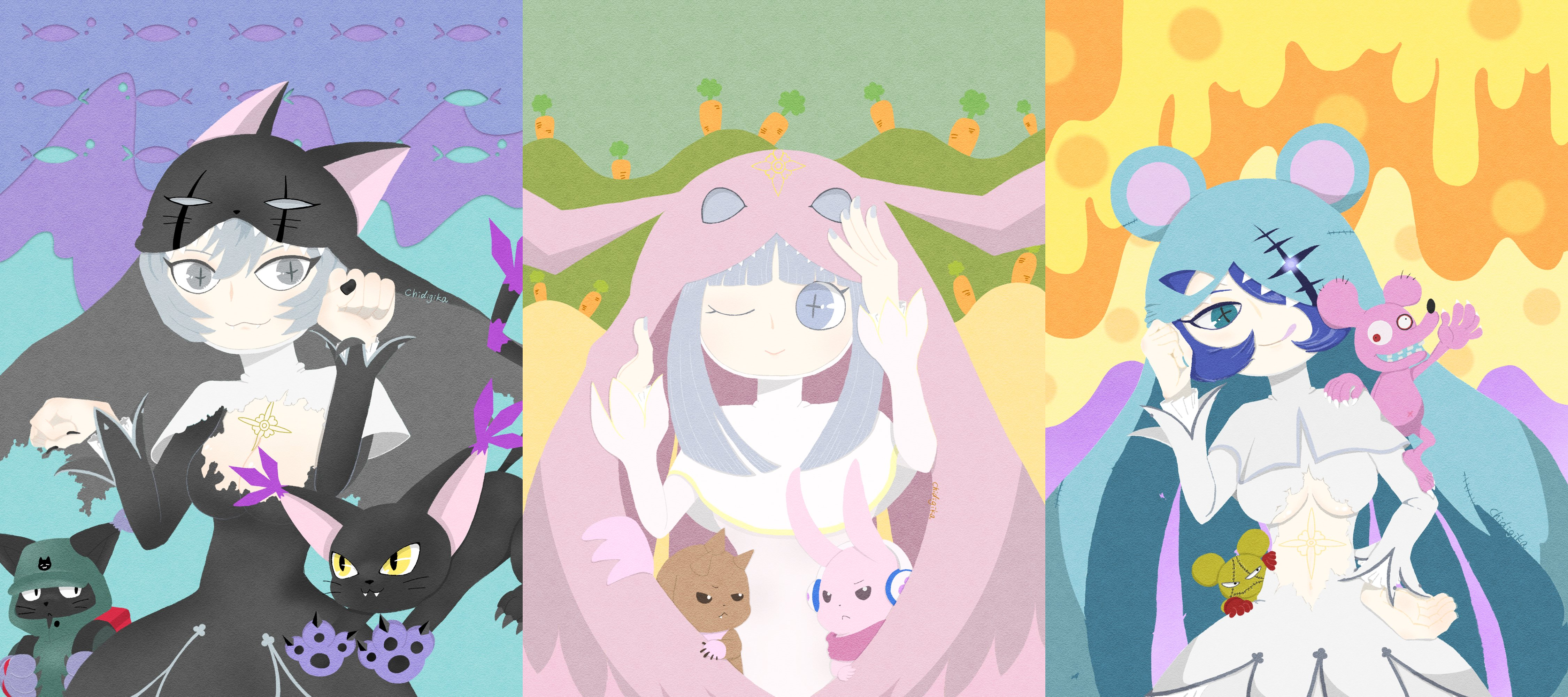 absurdres blacktailmon blacktailmon_uver. cat cutemon digimon hat highres lopmon mask mouse_(animal) nun rabbit sistermon_blanc sistermon_blanc_(awaken) sistermon_ciel sistermon_ciel_(awaken) sistermon_noir sistermon_noir_(awaken) tyumon tyutyumon