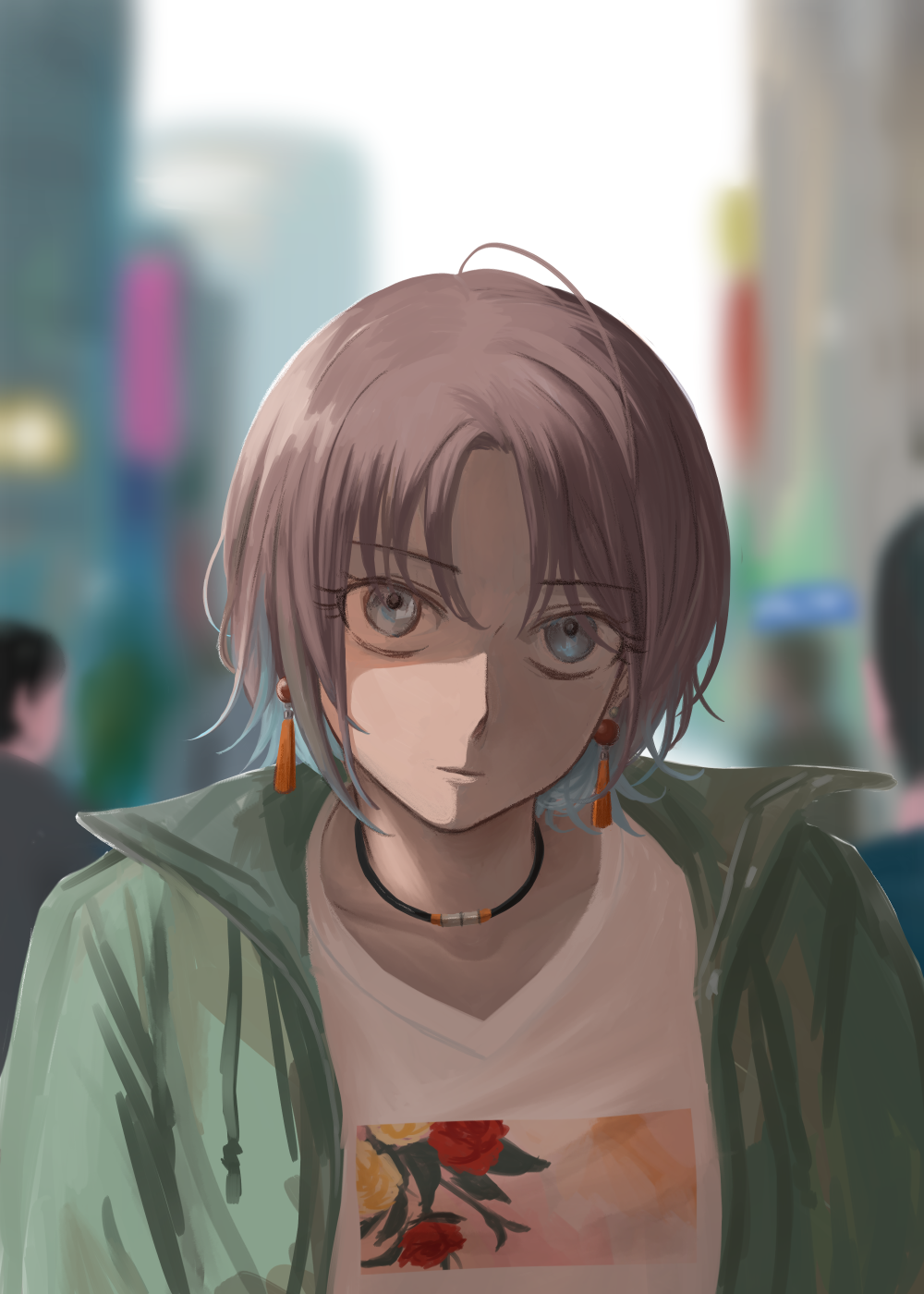 1girl asakura_toru blue_eyes blue_hair blurry blurry_background brown_hair closed_mouth colored_tips day earrings floral_print green_jacket highres idolmaster idolmaster_shiny_colors jacket jewelry looking_at_viewer multicolored_hair necklace open_clothes open_jacket outdoors people print_shirt shirt short_hair solo_focus tassel tassel_earrings upper_body white_shirt yamaichi_(yama3ichi4)