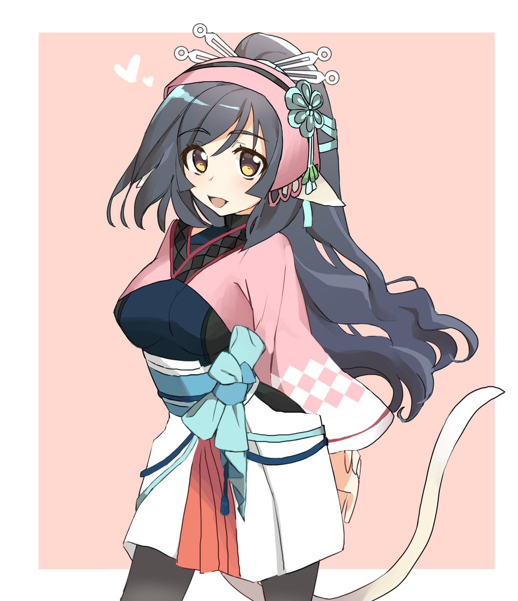1girl ainu_clothes animal_ears aquaplus arms_behind_back black_hair blush breasts cat_tail cowboy_shot dress eyes_visible_through_hair flower flower_on_head gradient_eyes hair_between_eyes hair_ornament hair_over_one_eye hairband high_ponytail hip_vent kuon_(utawarerumono) kuon_apprentice layered_clothes long_hair long_sleeves looking_at_viewer medium_breasts micon_hnhn multicolored_eyes open_mouth pantyhose ponytail raised_eyebrows sidelocks skirt sleeveless solo standing swept_bangs tail utawarerumono utawarerumono:_itsuwari_no_kamen utawarerumono:_lost_flag very_long_hair wavy_hair white_tail wide_sleeves yellow_eyes