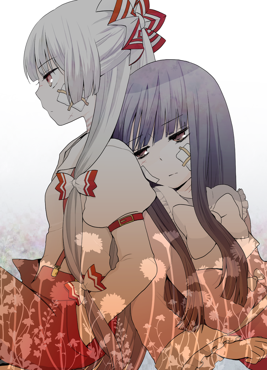 2girls black_hair cuddling expressionless female_focus flower fujiwara_no_mokou hair_ribbon hand_in_pocket head_rest highres houraisan_kaguya injury multiple_girls profile red_eyes ribbon satou_memeko silver_hair sitting strangulation_mark touhou wide_sleeves yuri