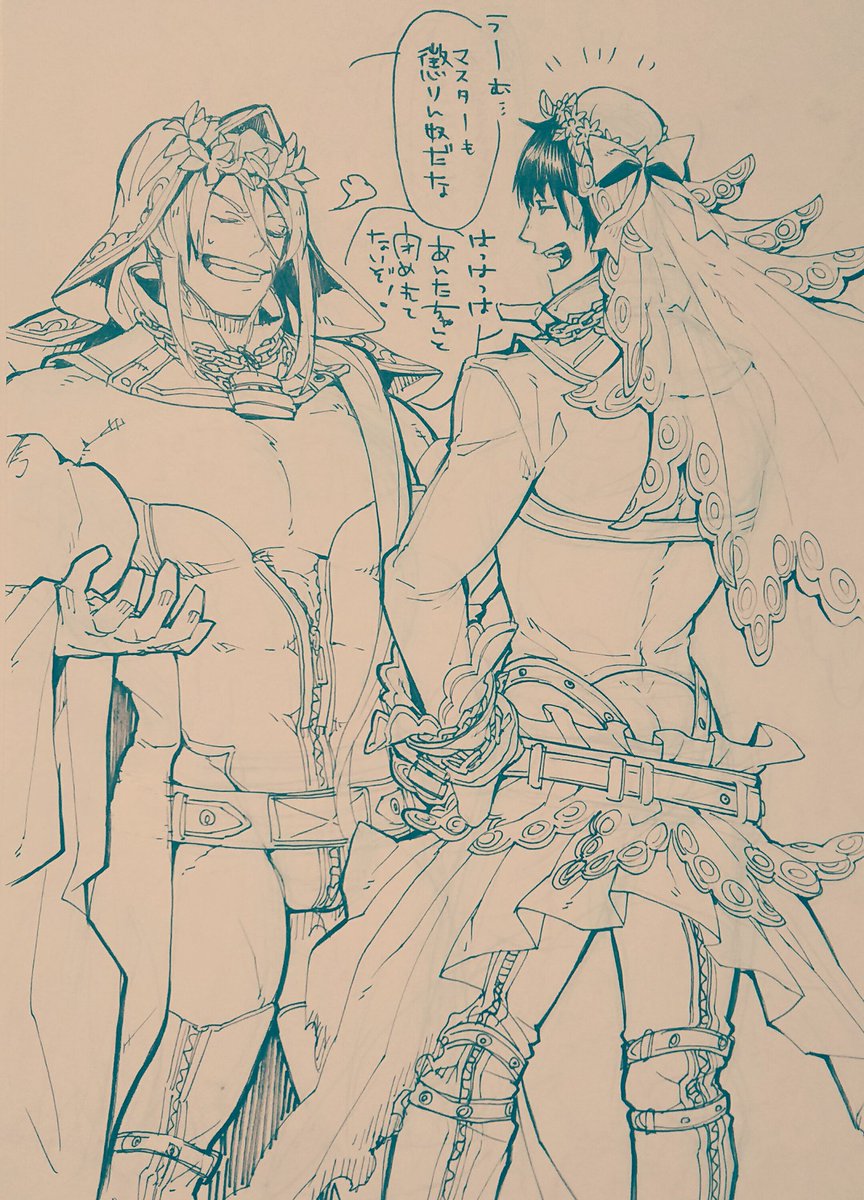 2boys arash_(fate) bara black_hair bodysuit bulge chain closed_eyes cosplay crossdressing fate/extra fate/extra_ccc fate/grand_order fate_(series) greyscale highres koryuu_(gackter10) laurel_crown leotard long_hair male_focus monochrome multiple_boys muscular nero_claudius_(bride)_(fate) nero_claudius_(bride)_(fate)_(cosplay) nero_claudius_(bride)_(second_ascension)_(fate) nero_claudius_(fate) open_mouth pectorals short_hair sketch skin_tight smile tawara_touta_(fate) thighs translation_request veil zipper