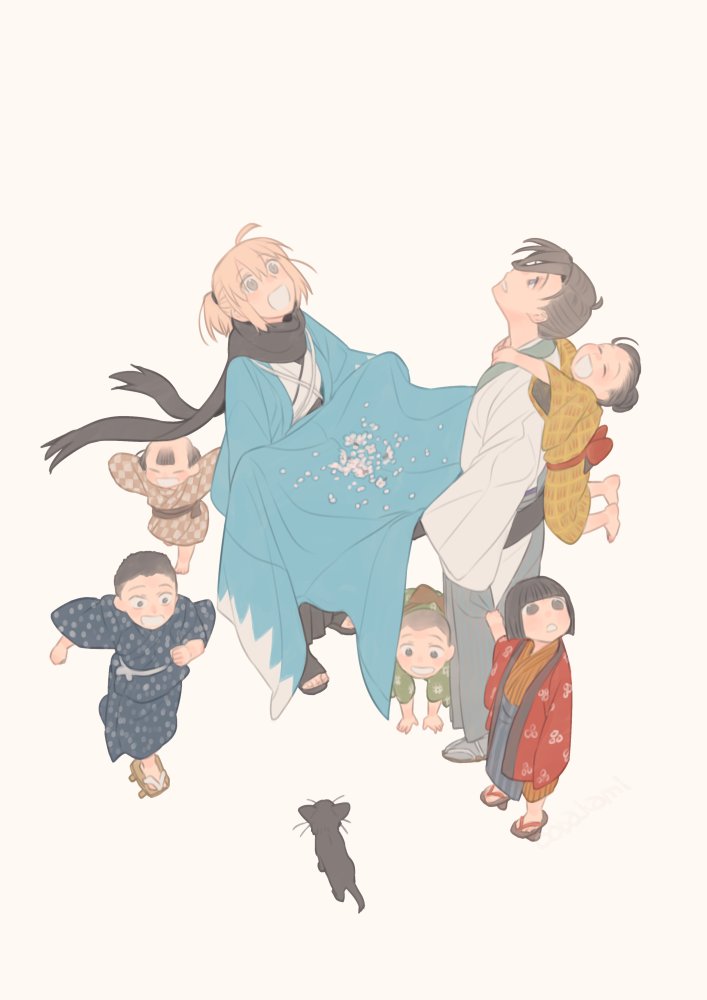 3girls 4boys :d ahoge black_scarf blonde_hair blue_haori brown_hair carrying cat child clothes_grab commentary_request fate/grand_order fate_(series) haori hip_vent japanese_clothes kimono looking_up multiple_boys multiple_girls okita_souji_(fate) okita_souji_(koha-ace) ooba open_mouth piggyback pink_petals ponytail scarf smile toes white_background yamanami_keisuke_(fate)