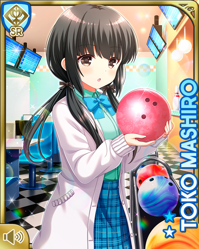 1girl :o ball black_bow black_hair black_legwear blue_bow blue_skirt bow bowling bowling_alley bowling_ball bowtie card_(medium) cardigan character_name day dress_shirt dress_shoes girlfriend_(kari) grey_eyes hair_ribbon holding indoors jacket mashiro_toko official_art open_mouth plaid_clothes plaid_skirt qp:flapper ribbon school_uniform shirt skirt standing tagme white_jacket white_shirt