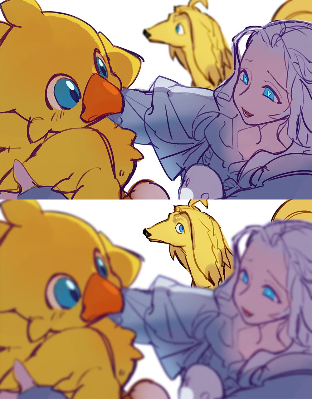 1girl afghan_hound alpha_(ff14) animal argos_(ff14) blue_eyes blurry blurry_background blurry_foreground capelet chocobo depth_of_field dog final_fantasy final_fantasy_xiv from_above grey_capelet grey_hair heart heart-shaped_pupils highres holding holding_animal jealous mask mask_around_neck open_mouth outstretched_arms pydiyudie sequential sideways_glance simple_background sketch smile sophist&#039;s_robe_(ff14) symbol-shaped_pupils unworn_mask upper_body venat_(ff14) white_background