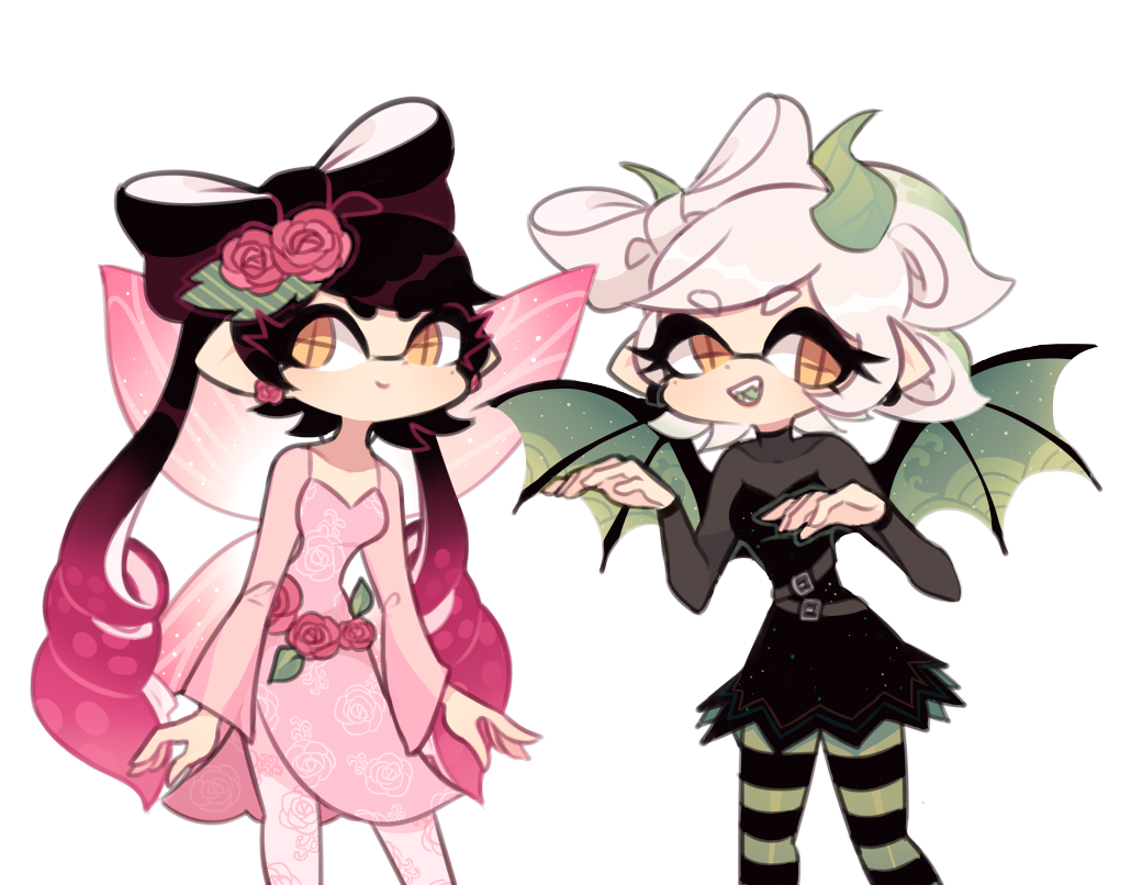 2girls bad_id bad_tumblr_id belt belt_buckle black_dress black_pantyhose bow-shaped_hair buckle callie_(splatoon) cephalopod_eyes charamells closed_mouth commentary cousins cowboy_shot demon_costume demon_horns demon_wings dress dress_flower drill_hair earrings english_commentary eyelashes fairy fairy_wings fangs floral_print flower flower_earrings ghost_pose gradient_hair green_horns green_pantyhose green_wings grey_belt grey_shirt grey_sleeves hair_flower hair_ornament halloween_costume happy horns jewelry leaf long_sleeves looking_at_viewer marie_(splatoon) multicolored_hair multiple_girls nintendo open_mouth pantyhose pink_dress pink_flower pink_pantyhose pink_rose pink_sleeves pink_wings pointy_ears rose rose_print shirt short_dress short_hair simple_background smile splatoon_(series) strapless strapless_dress striped_clothes striped_pantyhose teeth tentacle_hair turtleneck turtleneck_shirt twin_drills twintails two-tone_pantyhose white_background white_hair wings yellow_eyes
