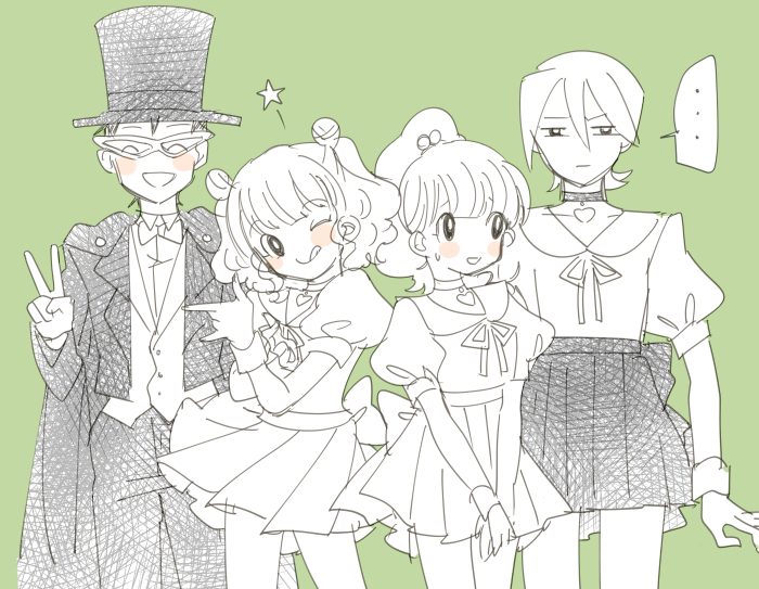 ... 2boys 2girls bemani bishoujo_senshi_sailor_moon blush_stickers cape choker cosplay crossdressing grey_background hair_bobbles hair_ornament hat multiple_boys multiple_girls pleated_skirt ponytail pop&#039;n_music puffy_short_sleeves puffy_sleeves reo-kun rie-chan sanae-chan sgwyi short_sleeves skirt spoken_ellipsis sugi-kun top_hat tuxedo_kamen tuxedo_kamen_(cosplay) twintails v
