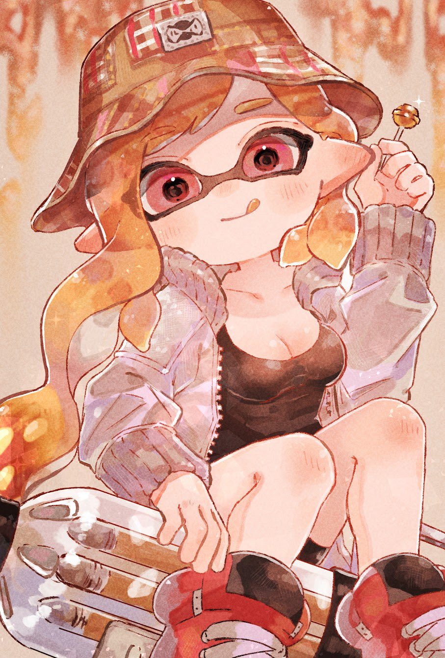 1girl asymmetrical_hair ballpoint_splatling_(splatoon) black_shirt blush breasts candy cleavage closed_mouth collarbone colored_tongue ear_blush food grey_jacket hand_up hat highres holding holding_candy holding_food holding_lollipop inkling inkling_girl inkling_player_character jacket knee_blush lollipop long_hair long_sleeves looking_at_viewer medium_breasts nintendo open_clothes open_jacket orange_hair orange_hat orange_tongue plum0o0 red_eyes red_shoes shirt shoes smile solo splatoon_(series) tentacle_hair tongue tongue_out wavy_hair zipper