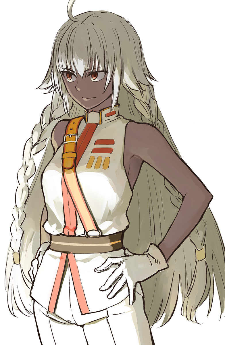 1girl b_suke belt black_belt braid closed_mouth cowboy_shot dark-skinned_female dark_skin fate/grand_order fate_(series) gloves hands_on_own_hips highres jacket lakshmibai_(fate) looking_to_the_side orange_eyes pants simple_background sleeveless sleeveless_jacket solo white_background white_gloves white_hair white_jacket white_pants