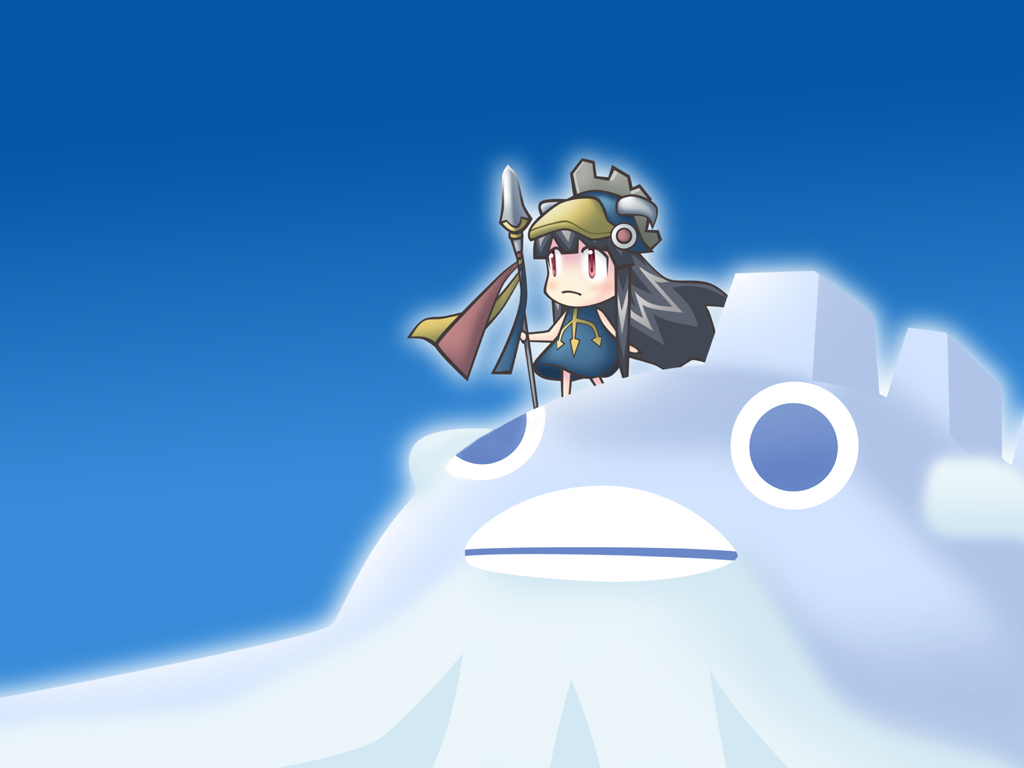 1girl bird bloom blue_sky chibi child light_frown linux linux-tan long_hair looking_afar os-tan outdoors penguin personification planted planted_polearm polearm sato_(esuplusesu) simple_background sky tux visor_(armor) weapon