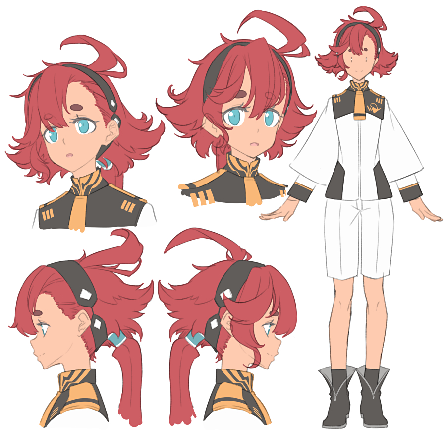 1girl ahoge asymmetrical_hair blue_eyes reference_sheet gundam gundam_suisei_no_majo long_sleeves looking_at_viewer looking_to_the_side looking_up low_ponytail ponytail red_hair sakuraba_yuuki shorts smile suletta_mercury tagme tan