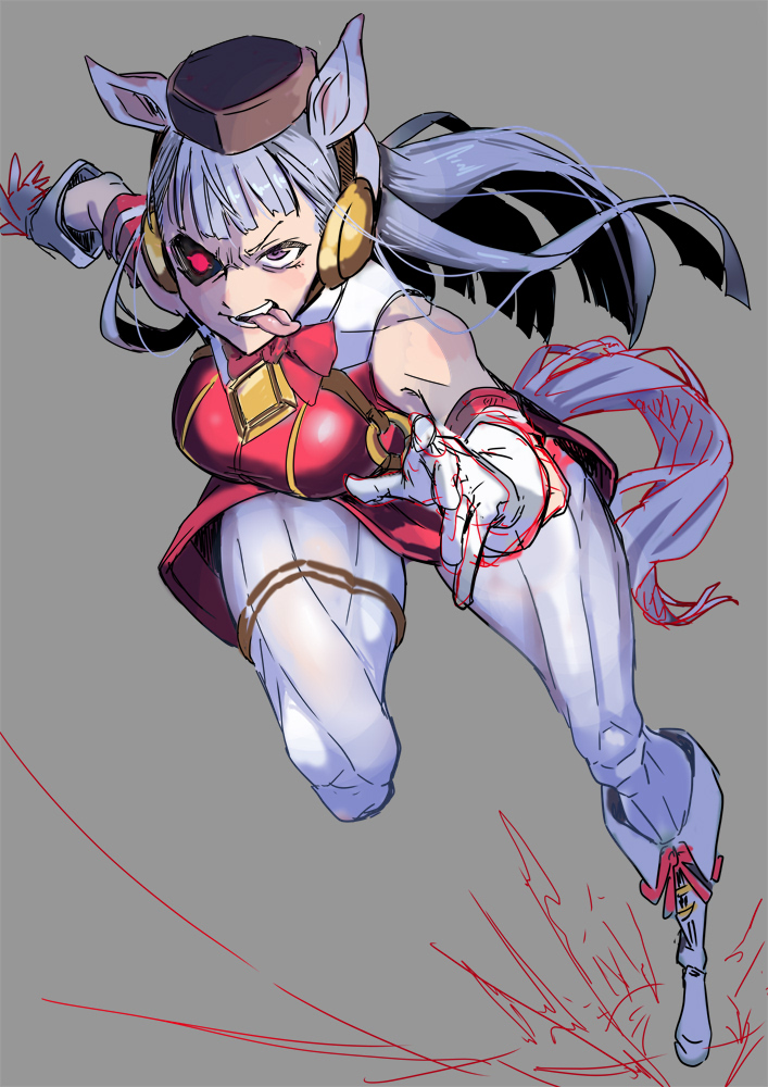 1girl animal_ears boots bow breasts brown_headwear buttons commentary_request double-breasted dress ear_bow full_body gloves gold_ship_(umamusume) grey_background grey_hair grin horse_ears horse_girl horse_tail large_breasts leg_up long_hair looking_at_viewer muscular pillbox_hat purple_bow purple_eyes red_dress running sleeveless sleeveless_dress smile solo tail take_nii thigh_strap tongue tongue_out umamusume white_boots white_gloves