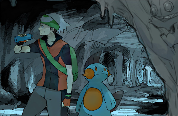 00s 1boy backpack bag bottle brendan_(pokemon) brendan_(pokemon_emerald) cave clenched_hand fingerless_gloves gen_3_pokemon gloves hat hiyokko_ep looking_to_the_side looking_up male_focus marshtomp nintendo pokemon pokemon_(creature) pokemon_rse red_eyes sableye sharp_teeth teeth water_bottle when_you_see_it