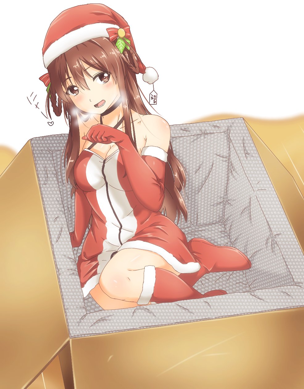 1girl 22/7 alternate_costume blush boots box braid braided_hair_rings breasts breath brown_eyes brown_hair bubble_wrap cardboard_box christmas cleavage collarbone dress elbow_gloves fur-trimmed_dress fur-trimmed_headwear fur_trim gloves hair_between_eyes hair_ornament hair_rings hat heart highres hitorilily in_box in_container long_hair looking_to_the_side open_mouth red_boots red_dress red_gloves santa_boots santa_costume santa_dress santa_gloves santa_hat sitting sleeveless sleeveless_dress solo tachikawa_ayaka twin_braids two_side_up wooden_floor yokozuwari