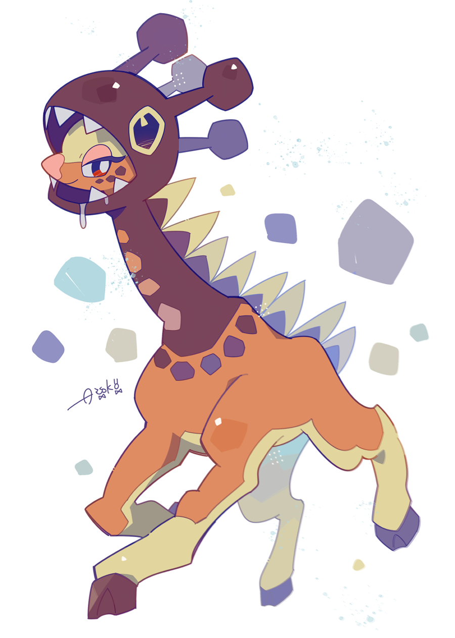 1other auko bright_pupils commentary_request farigiraf full_body highres looking_at_viewer nintendo pokemon pokemon_(creature) red_eyes simple_background smile splatter white_background white_pupils