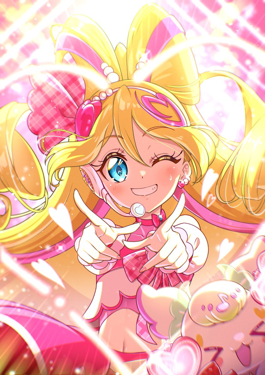1girl beads blonde_hair blue_eyes blush bow bow-shaped_hair bow_choker choker commentary_request crop_top cure_idol detached_sleeves earrings flat_chest grin hair_beads hair_ornament hair_ribbon hairband headset heart heart_earrings heart_hair_ornament jewelry kimi_to_idol_precure long_hair looking_at_viewer magical_girl midriff motion_blur multicolored_hair multiple_earrings navel one_eye_closed pink_background pink_bow pink_choker pink_hair pink_nails pink_ribbon pink_shirt pink_skirt plaid_ribbon precure puffy_detached_sleeves puffy_sleeves purirun_(precure) ribbon rice_rabbit22 sakura_uta_(precure) shirt skirt smile solo streaked_hair sweat two-tone_hair very_long_hair white_hairband