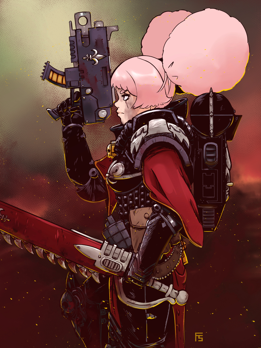 .75_calibre_bolt 1girl adepta_sororitas afro_puffs ammunition anti-materiel_cartridge armor bolt_(warhammer_40k) bolter chainsword chuatury_panlunch explosive grenade gun gundam gundam_suisei_no_majo high-explosive_cartridge highres holding holding_gun holding_sword holding_weapon requiem-delacroix rocket-assisted_projectile ruins scar scar_on_face sword warhammer_40k weapon window_magazine